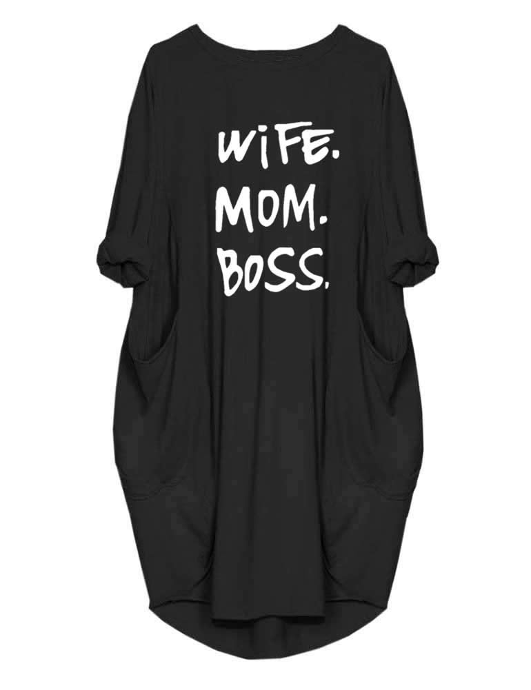 Rfecccy Womenâ€™s Wife Mom Boss Tunic Dress Long Sleeve Oversize Baggy Causal Loose Dress with Big Pockets Black - Image 2